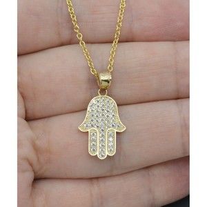10K Solid Yellow Gold Hamsa cz Pendant Good Luck Charm